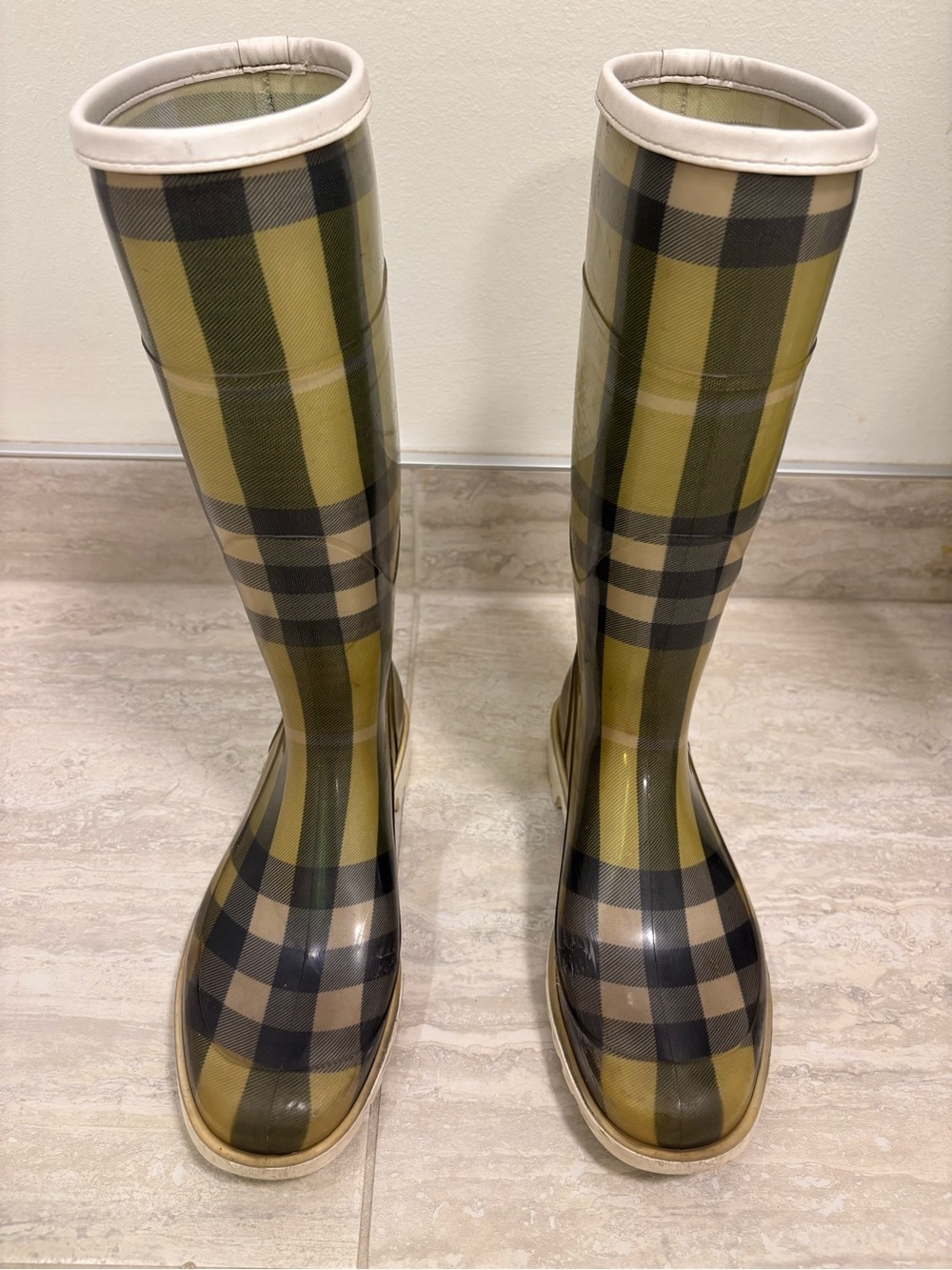 Burberry Green Signature Check Tall Rain Boots Women's Size 10